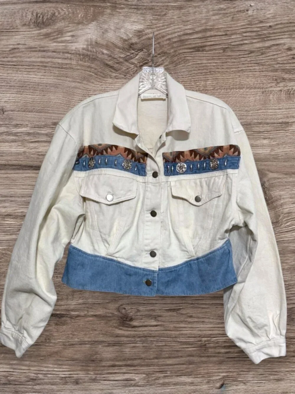 Vintage Risky Southwestern Cropped Jacket Western Concho Denim Trim Size M